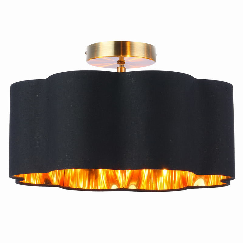 3-Lights Black Fabric Shade Semi Flush Mount Ceiling Light Fixture