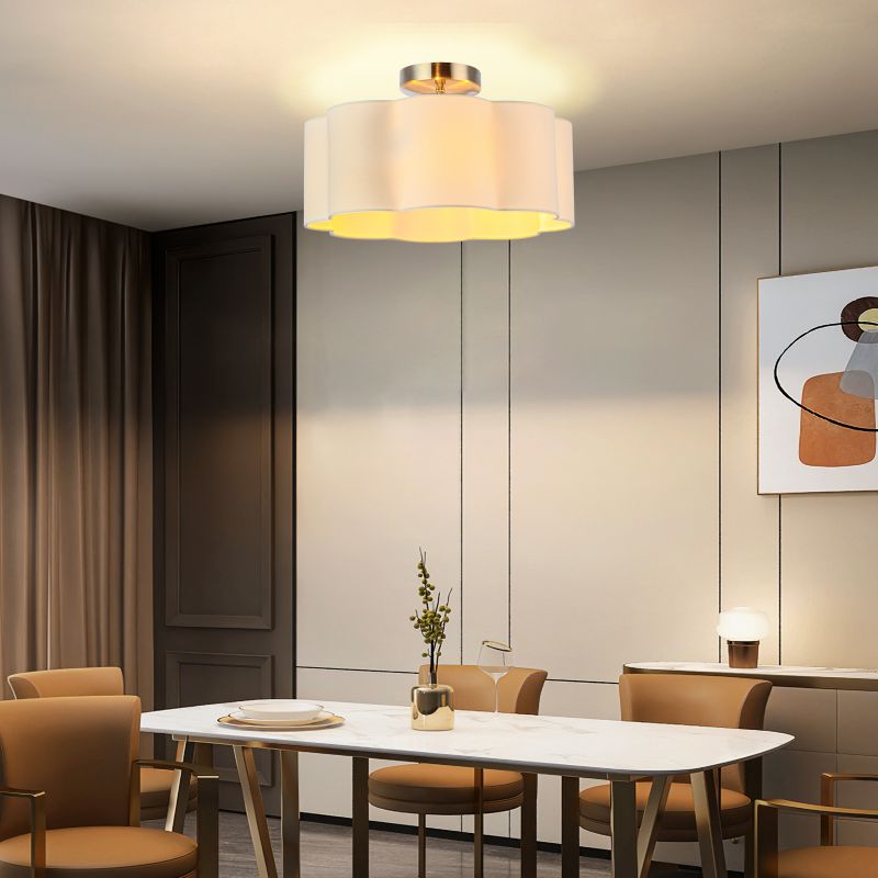 3-Lights White Fabric Shade Semi Flush Mount Ceiling Light Fixture