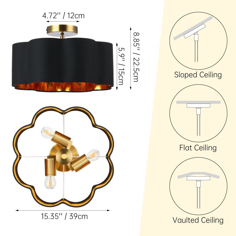 3-Lights Black Fabric Shade Semi Flush Mount Ceiling Light Fixture