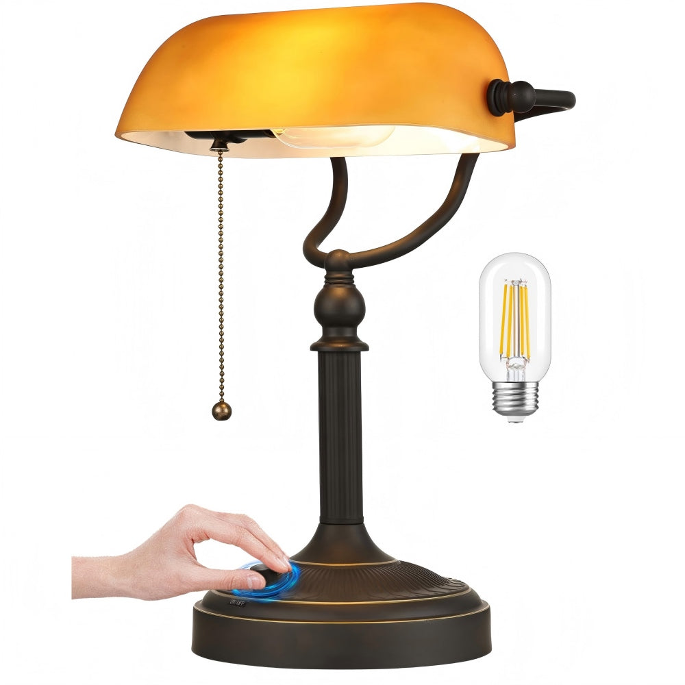 Newrays Matted Amber Glass Banker Desk Lamp, Stepless Dimmable Table Lamp,6W LED Bulb Included
