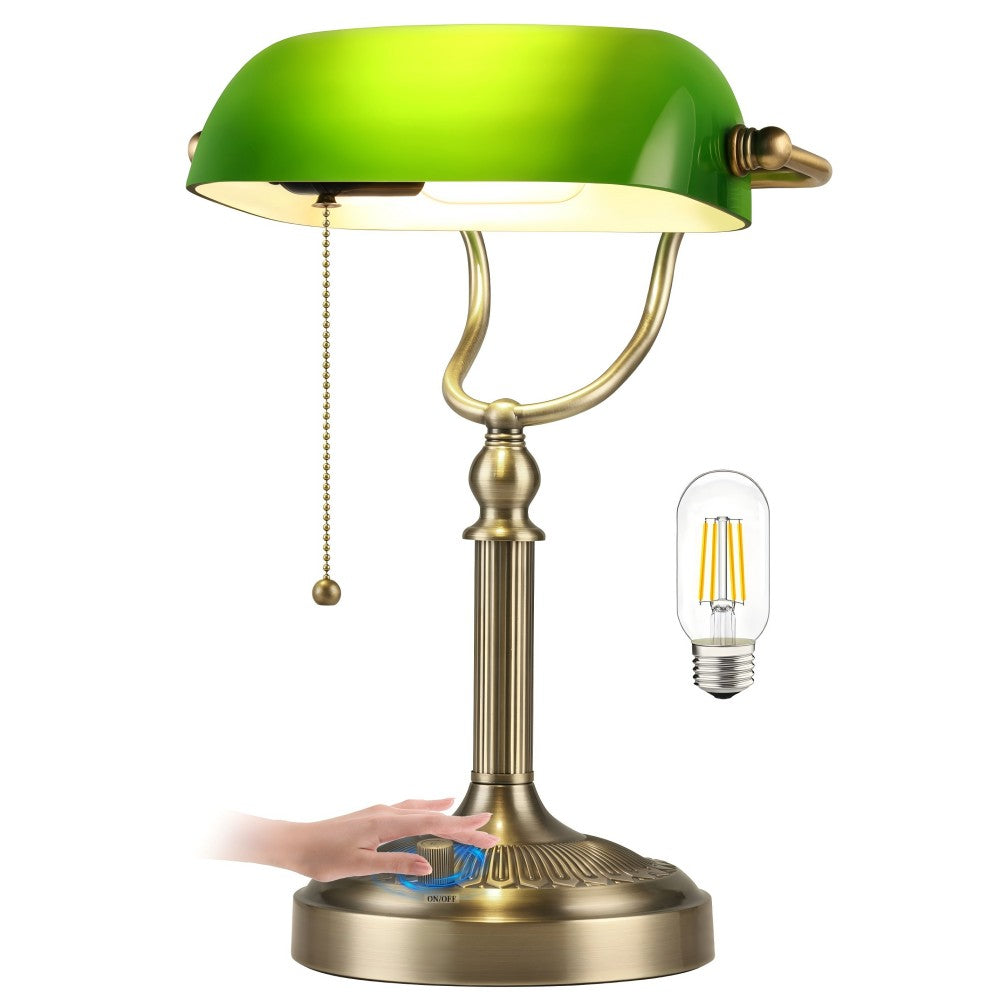 Newrays Green Glass Bankers Desk Lamp, Stepless Dimmable Table Lamp,LED Bulb Included