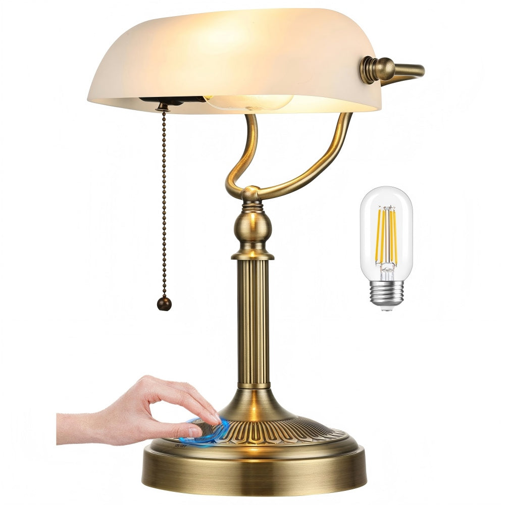 Newrays White Matted Glass Bankers Desk Lamp, Stepless Dimmable Table Lamp Plug in,6W LED Bulb Included