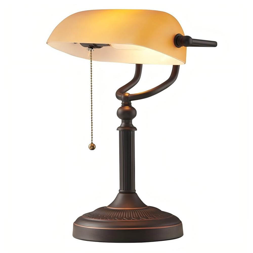 Newrays Matted Orange Glass Banker Desk Lamp with a stylish design and elegant pull chain.