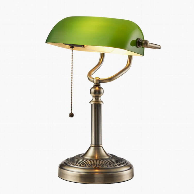 Newrays Green Glass Banker Lamp featuring a stylish green shade and an antique brass finish with adjustable height.