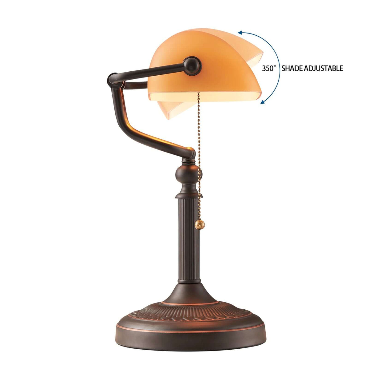 Newrays Matted Orange Glass Banker Desk Lamp with adjustable shade and antique brass base.