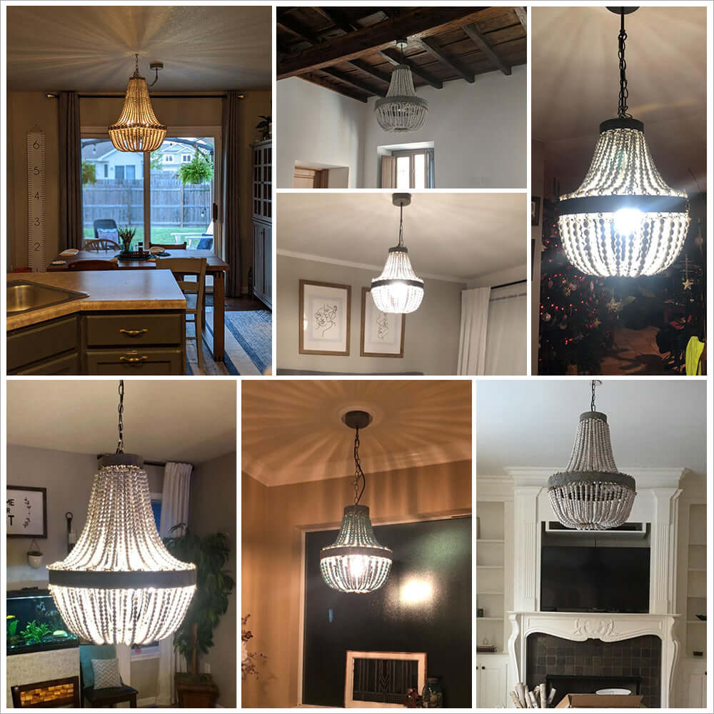 Wood Bead Chandelier Pendant Lights Gray Blue showcased in various home settings with elegant lighting.