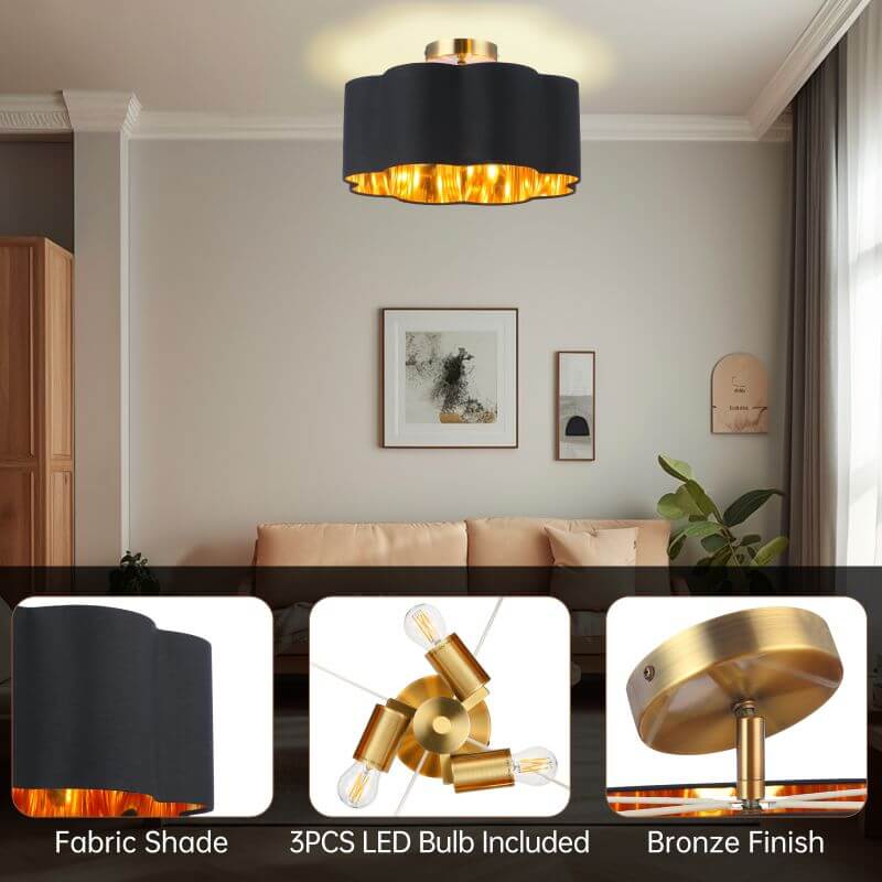 3-Lights Black Fabric Shade Semi Flush Mount Ceiling Light Fixture in modern living room setting.