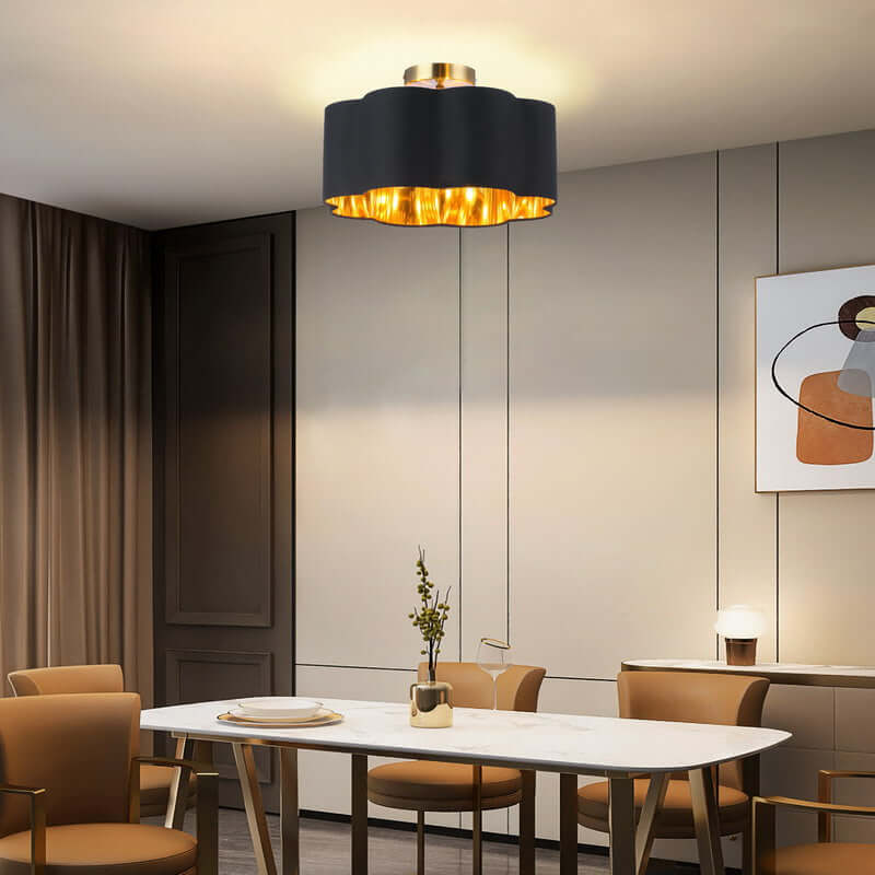 3-Lights Black Fabric Shade Semi Flush Mount Ceiling Light Fixture in modern dining room setting