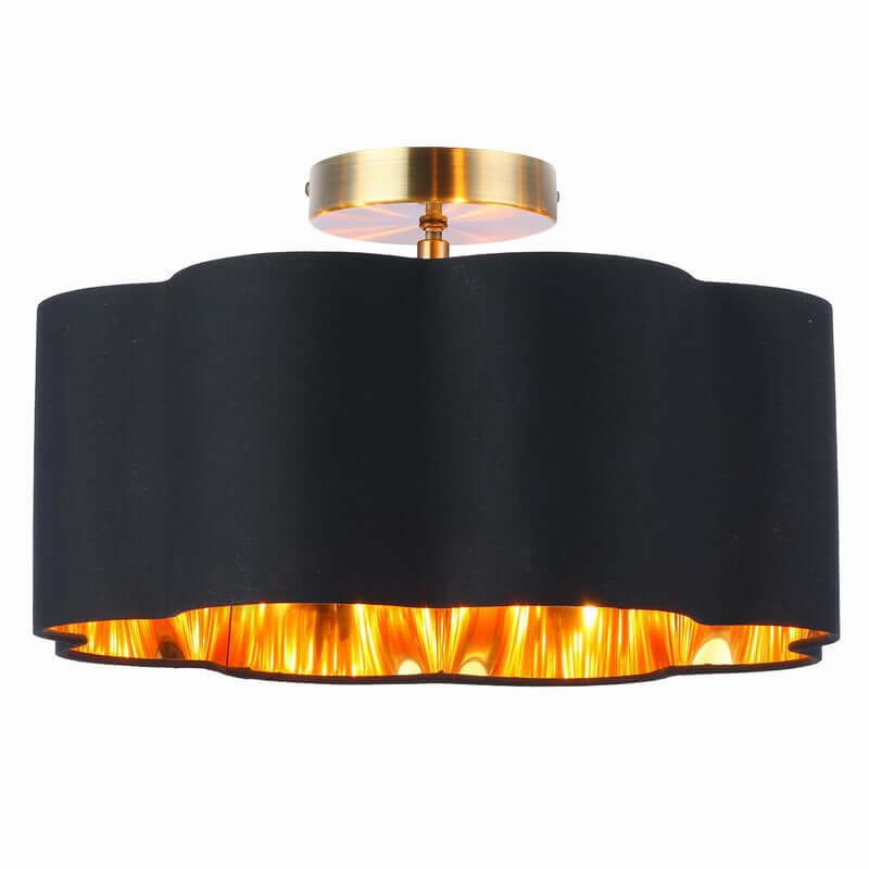 3-Lights Black Fabric Shade Semi Flush Mount Ceiling Light Fixture with elegant black fabric and warm gold accents.
