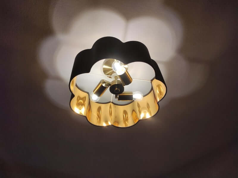 3-Lights Black Fabric Shade Semi Flush Mount Ceiling Light Fixture with decorative gold accent.