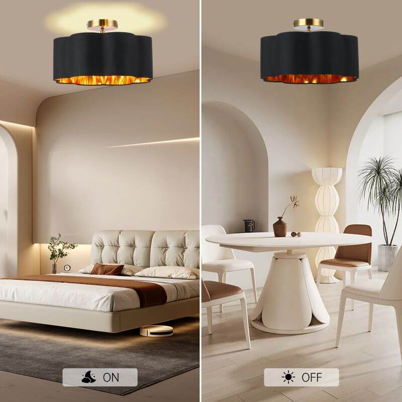 3-Lights Black Fabric Shade Semi Flush Mount Ceiling Light Fixture illuminating a modern living space.