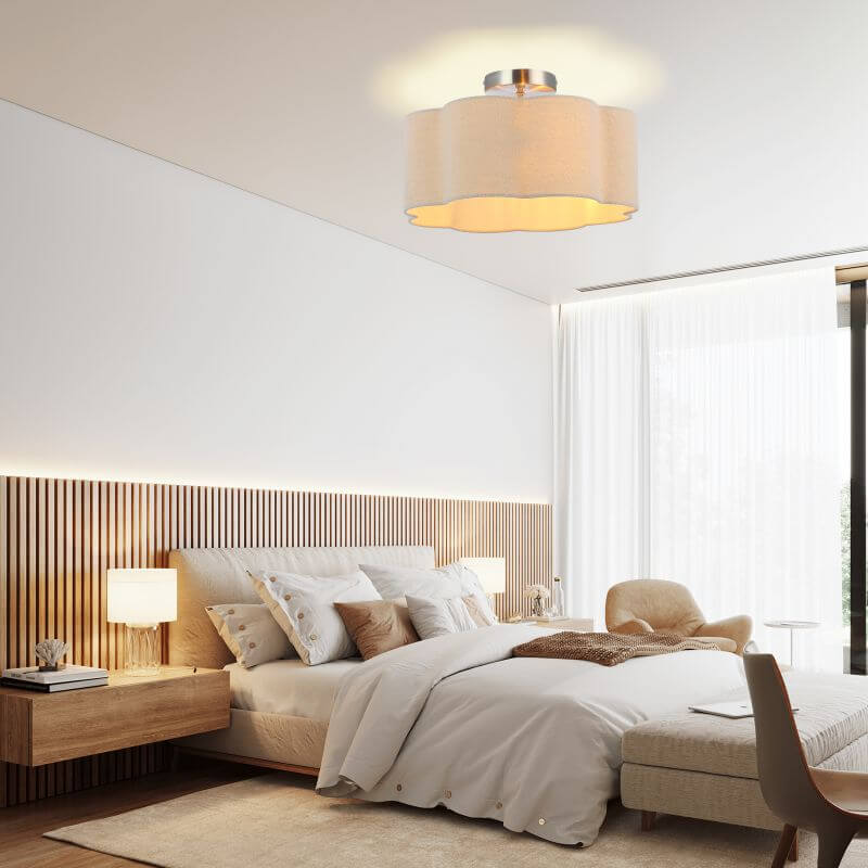 3-Lights Linen Fabric Shade Semi Flush Mount Ceiling Light Fixture in a modern bedroom setting