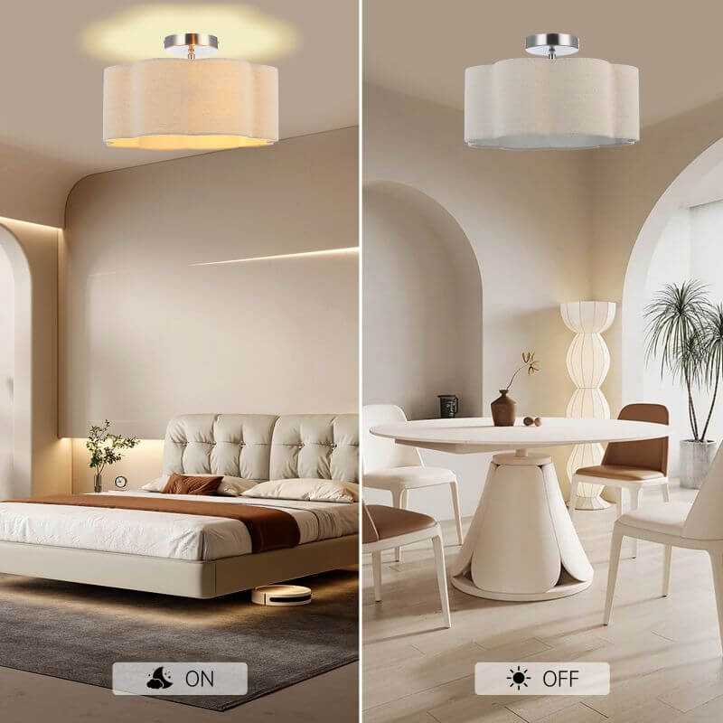 3-Lights Linen Fabric Shade Semi Flush Mount Ceiling Light Fixture in a modern living room with on and off settings.