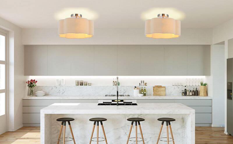 3-Lights Linen Fabric Shade Semi Flush Mount Ceiling Light Fixture illuminating a modern kitchen.