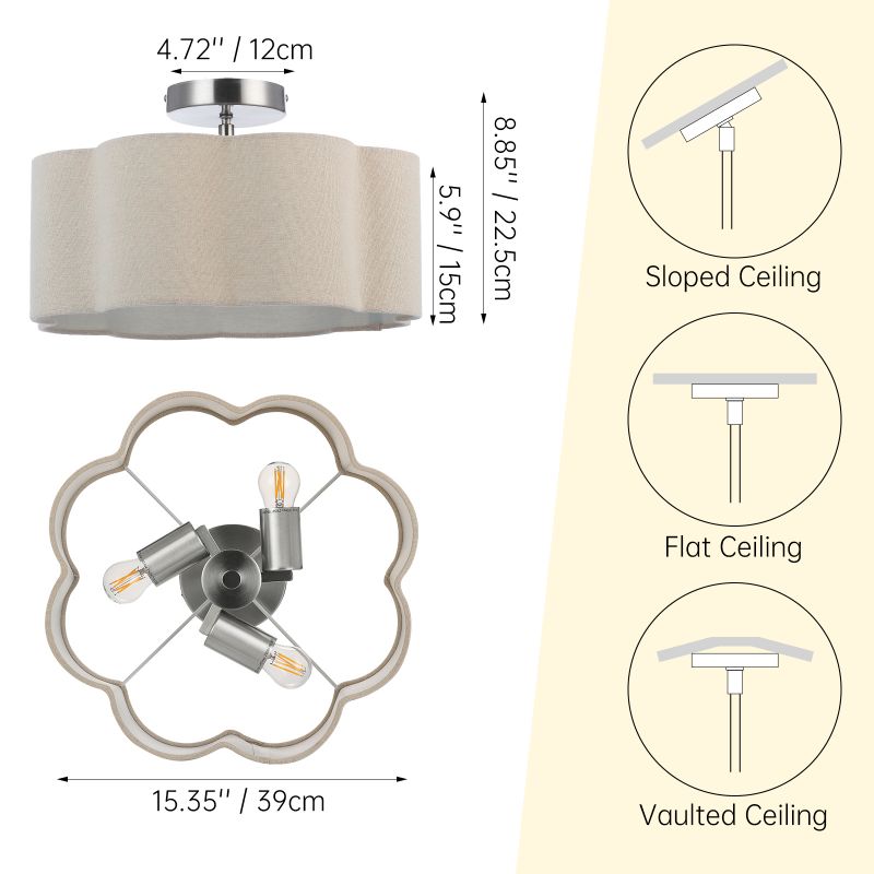 3-Lights Linen Fabric Shade Semi Flush Mount Ceiling Light Fixture