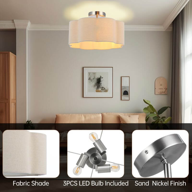 3-Lights Linen Fabric Shade Semi Flush Mount Ceiling Light Fixture in a modern living room setting with LED bulbs.