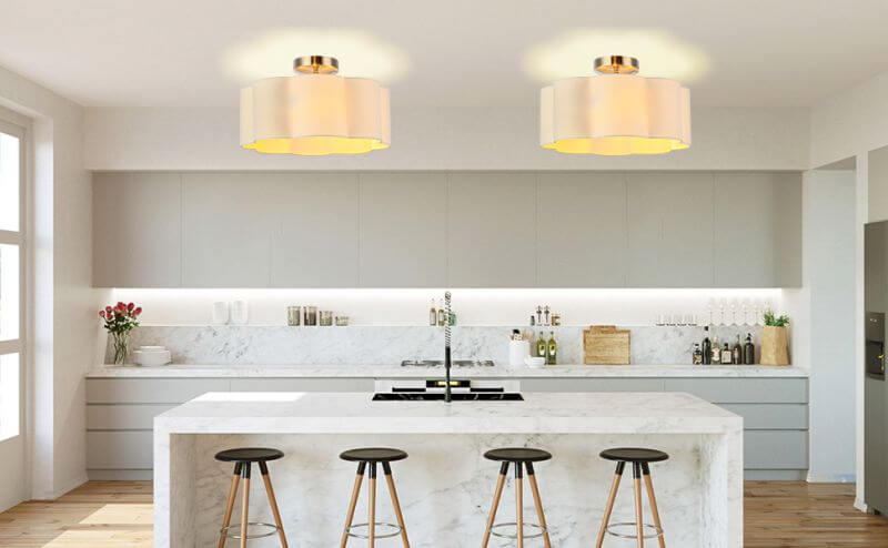 3-Lights White Fabric Shade Semi Flush Mount Ceiling Light Fixture in modern kitchen setting.