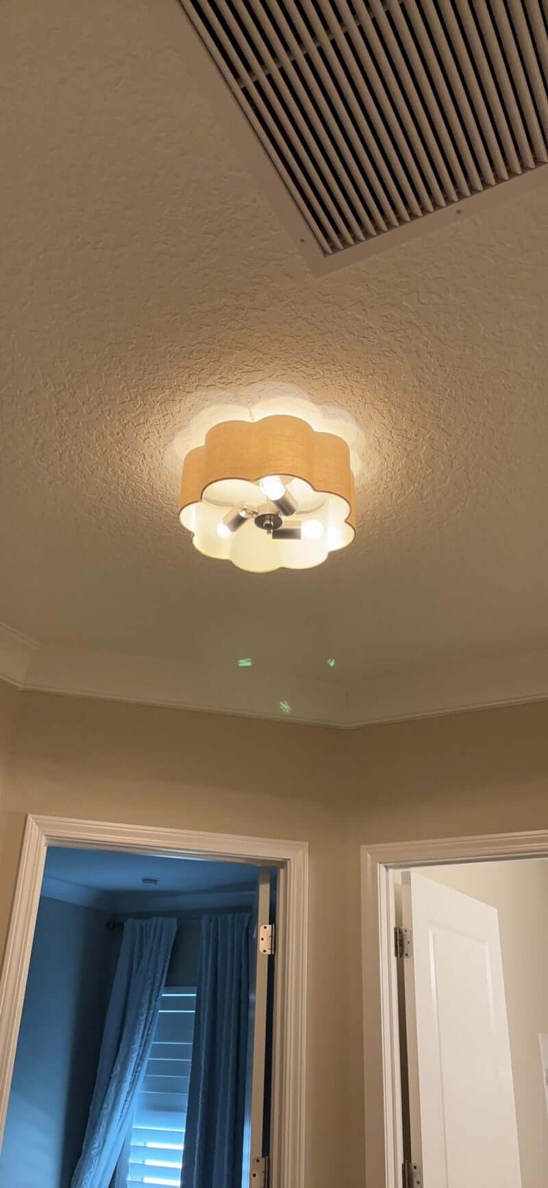 3-Lights Linen Fabric Shade Semi Flush Mount Ceiling Light Fixture illuminating a room with modern decor.