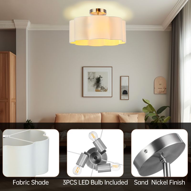 3-Lights White Fabric Shade Semi Flush Mount Ceiling Light Fixture