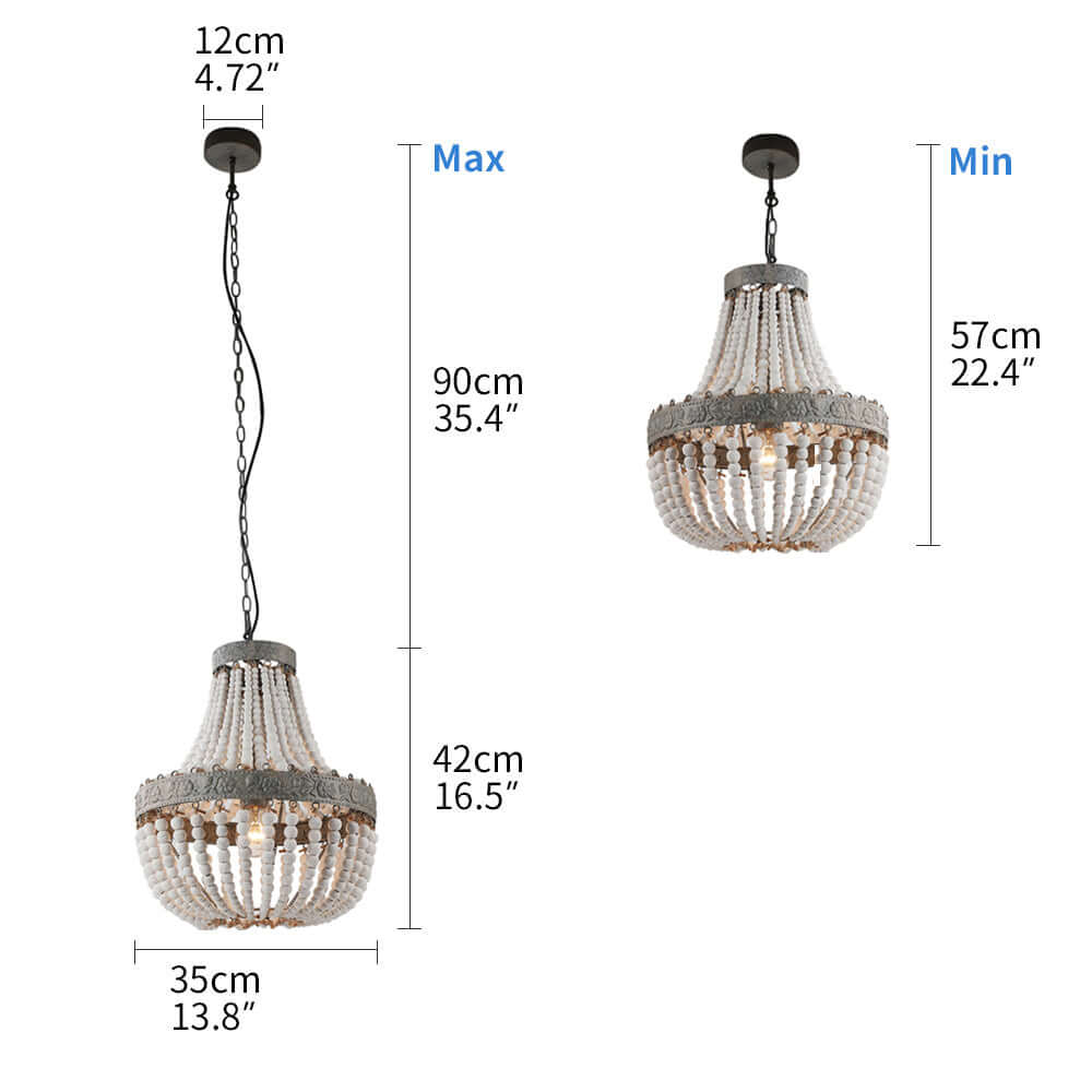 Wood Bead Chandelier Pendant Gray White Finishing dimensions showing max and min height.