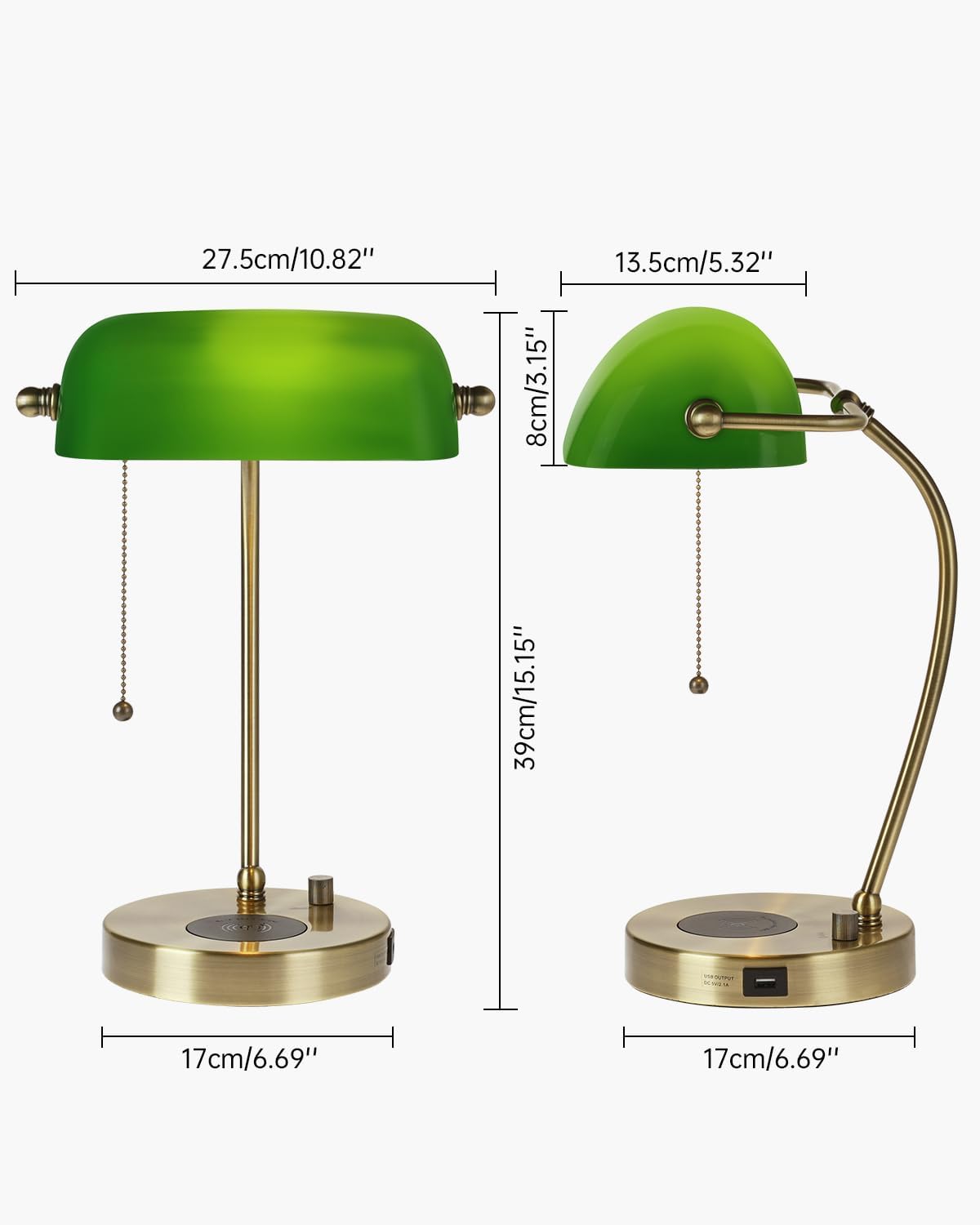 Newrays Green Glass Bankers Desk Lamp with Wireless Charger, USB Charging Port,LED Bulb Included