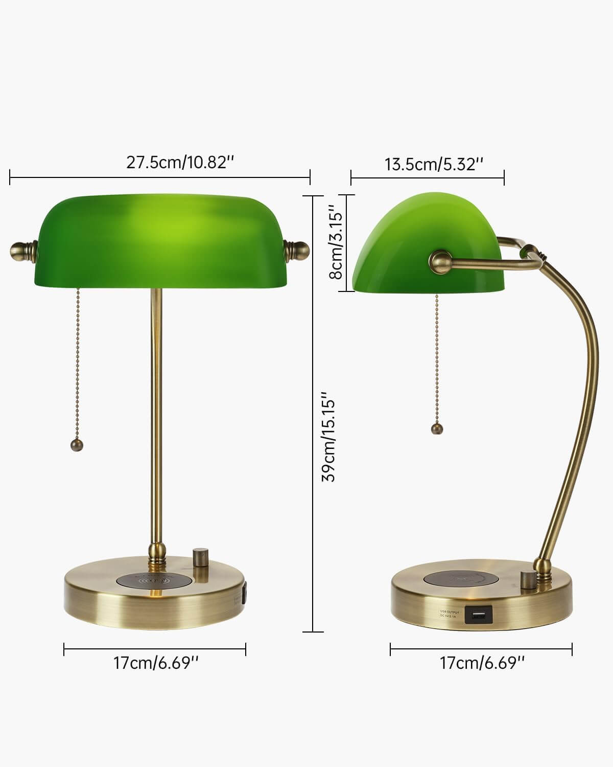 Newrays Green Glass Bankers Desk Lamp with Wireless Charger, USB Charging Port,Stepless Dimmable