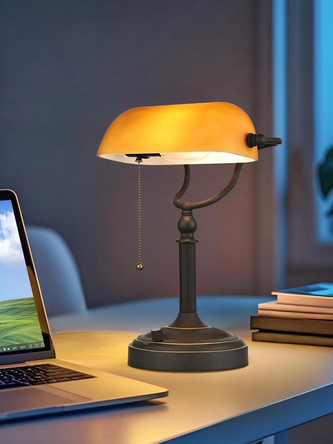 Newrays Matted Amber Glass Banker Desk Lamp, Stepless Dimmable Table Lamp,6W LED Bulb Included