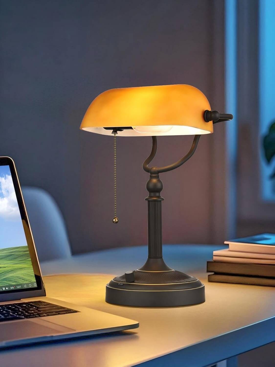 Matted Amber Glass,Stepless Dimmable Banker Desk Lamp
