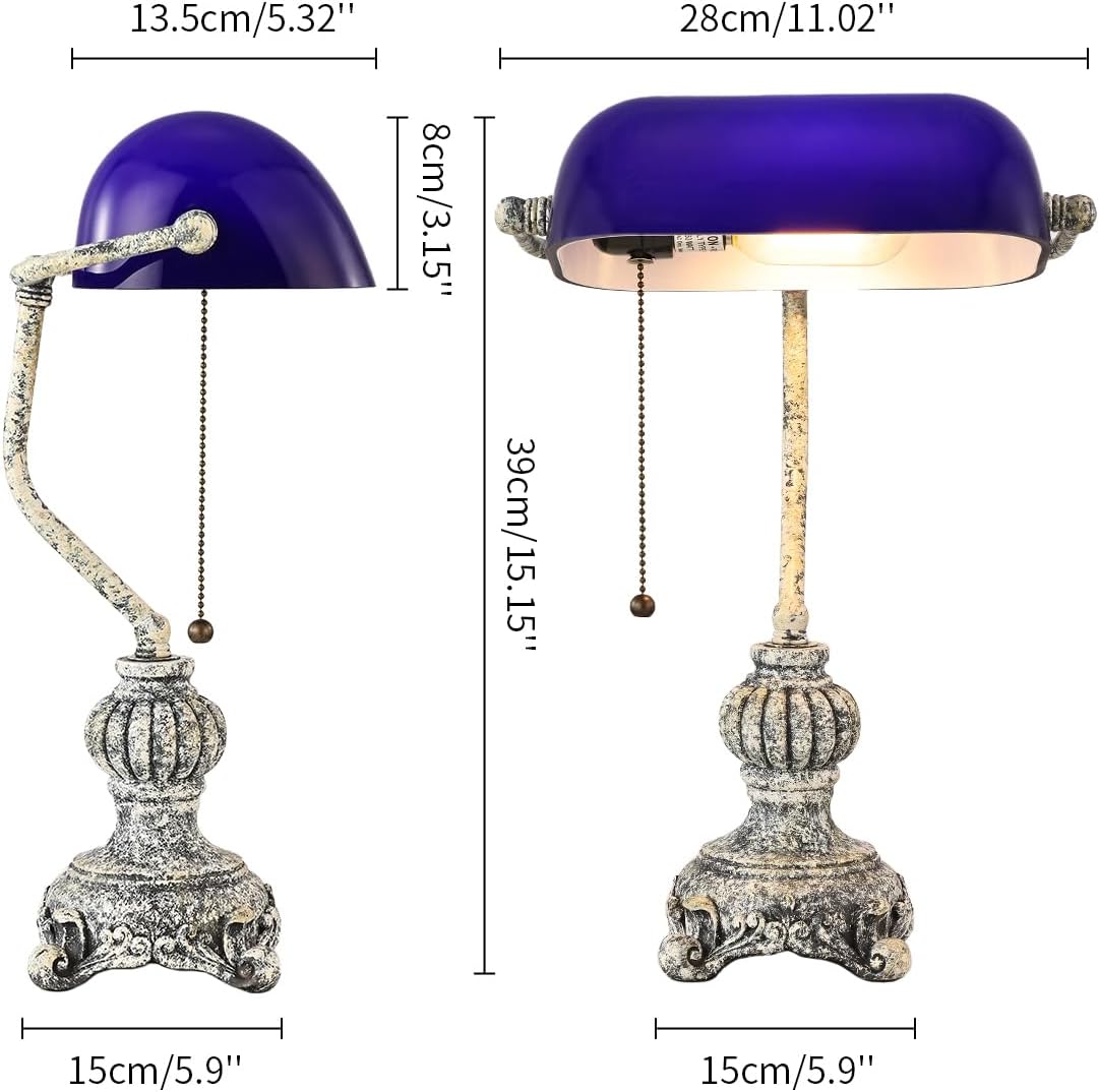 Retro blue glass desk lamp showcasing vintage design with a blue lampshade and ornate resin base.