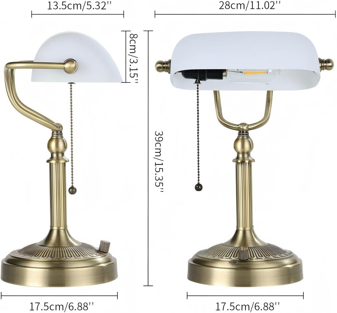 Newrays White Matted Glass Bankers Desk Lamp, Stepless Dimmable Table Lamp Plug in,6W LED Bulb Included