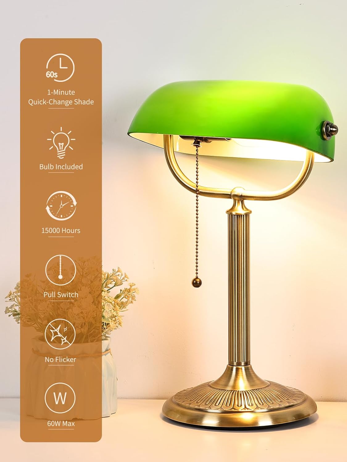 Classic green glass bankers desk lamp with brass base and pull switch for easy operation.