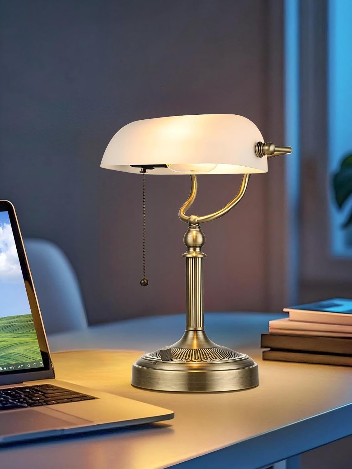 Newrays White Matted Glass Bankers Desk Lamp, Stepless Dimmable Table Lamp Plug in,6W LED Bulb Included