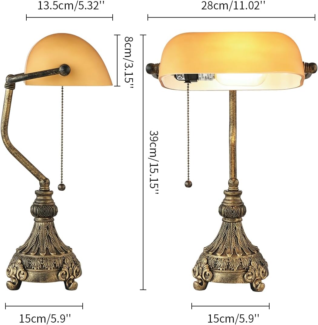 Newrays vintage amber glass desk lamp with measurements and elegant design, LED bulb included.