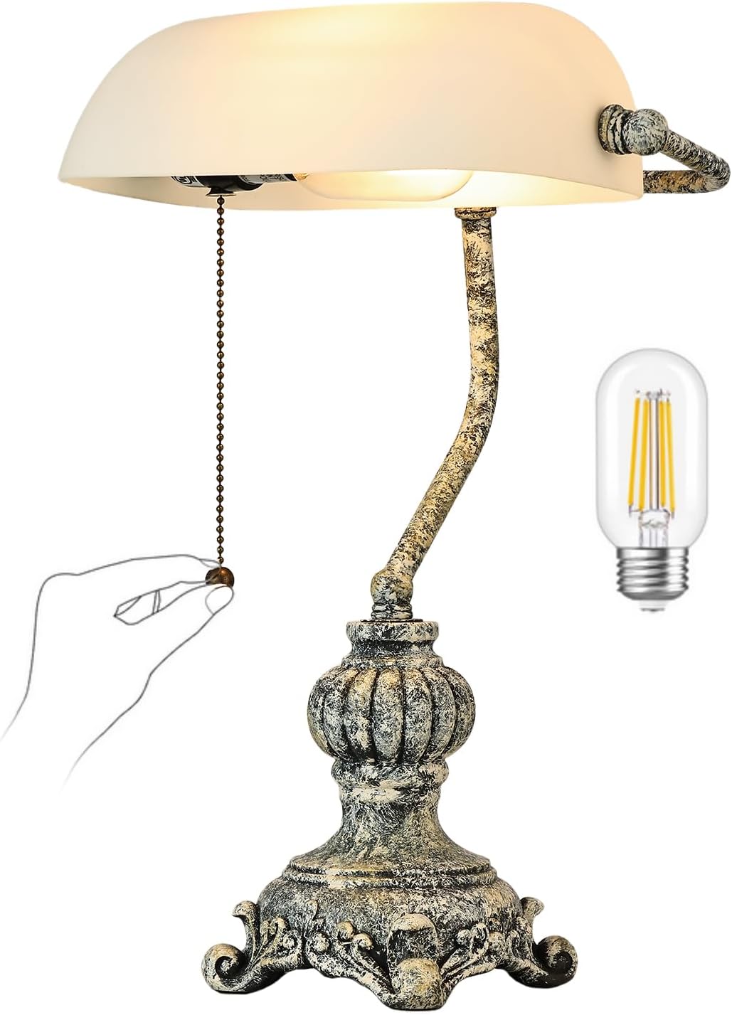 Newrays retro glass bankers desk lamp with an elegant design and pull chain switch.