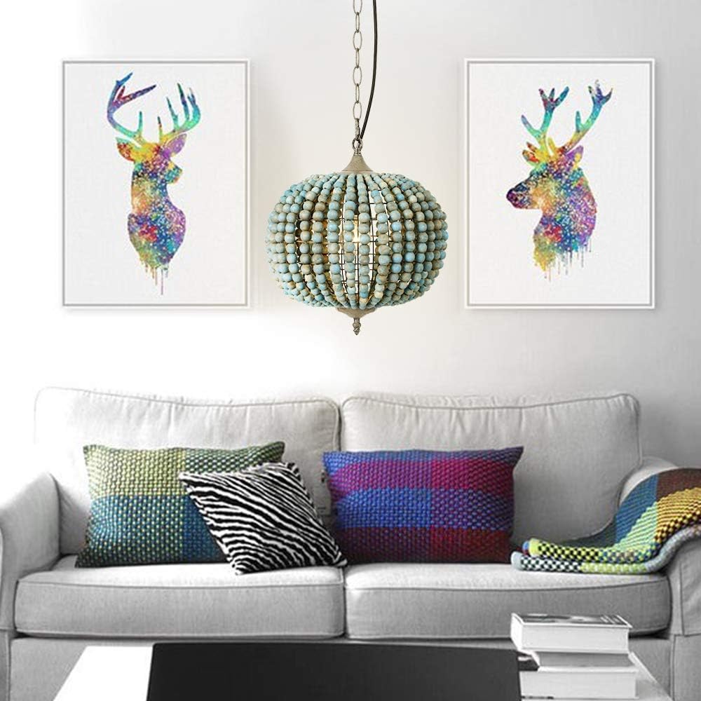 Blue Wood Bead Globe Pendant Light