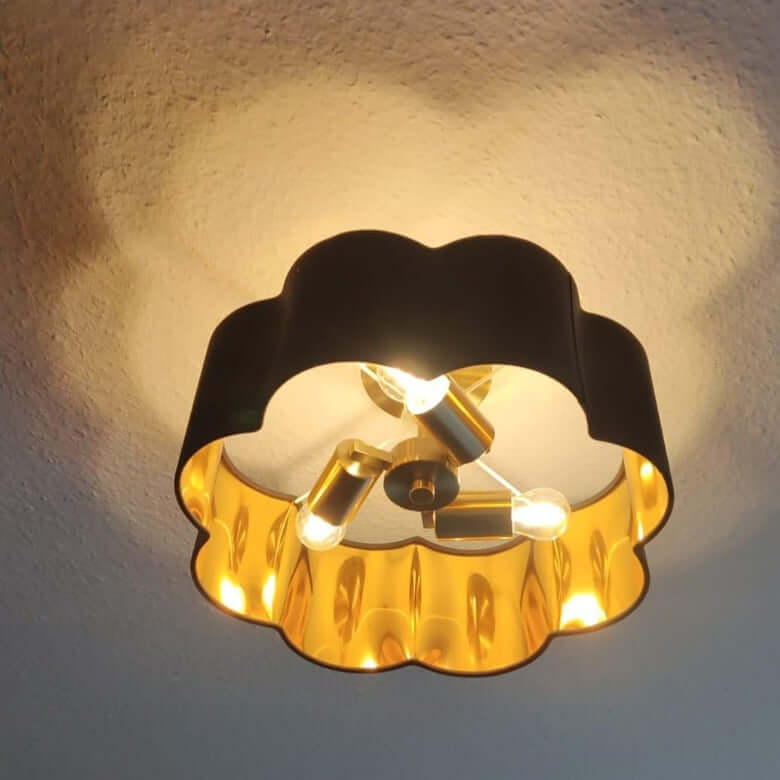 3-Lights Black Fabric Shade Semi Flush Mount Ceiling Light Fixture with gold accents, perfect for stylish lighting.