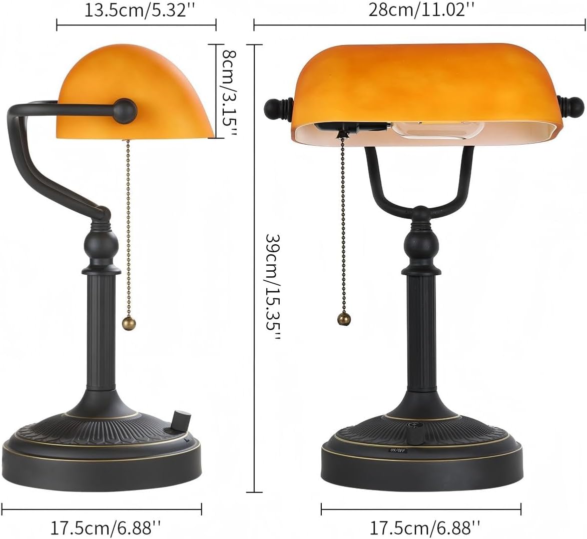 Newrays Matted Amber Glass Banker Desk Lamp, Stepless Dimmable Table Lamp,6W LED Bulb Included