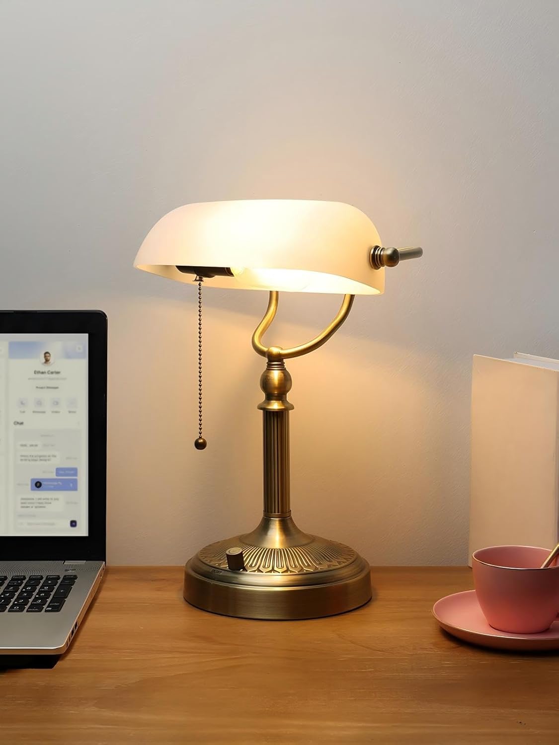 Newrays White Matted Glass Bankers Desk Lamp, Stepless Dimmable Table Lamp Plug in,6W LED Bulb Included