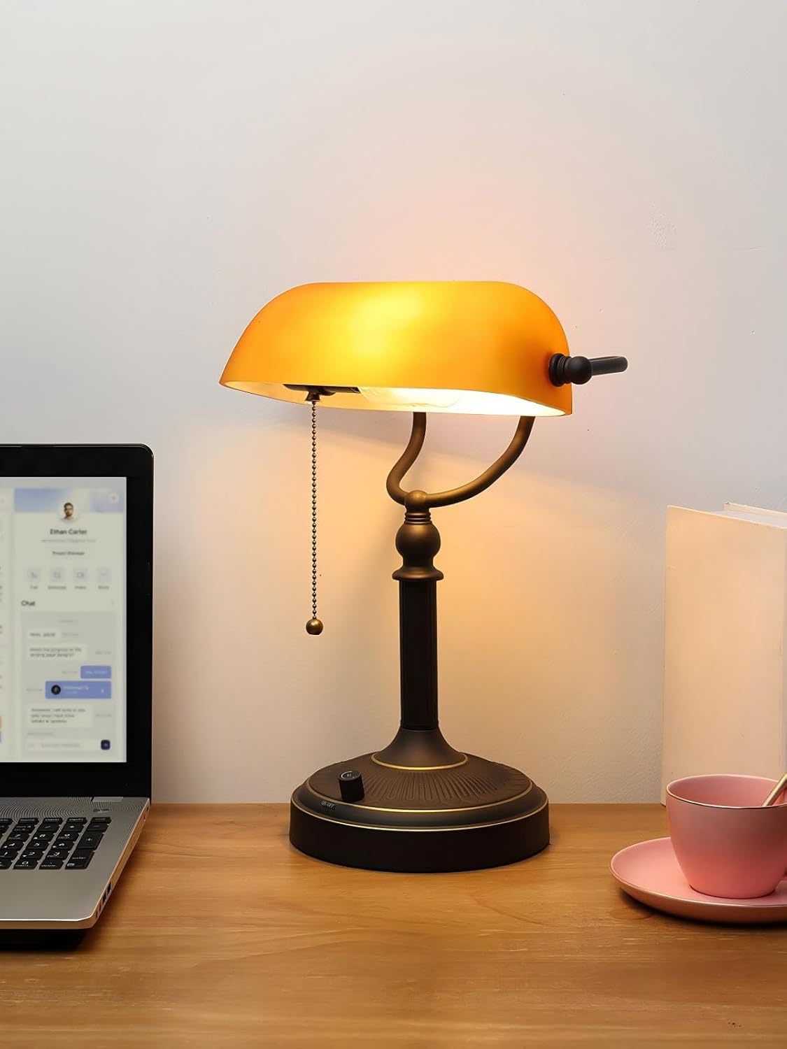 Newrays Matted Amber Glass Banker Desk Lamp, Stepless Dimmable Table Lamp,6W LED Bulb Included