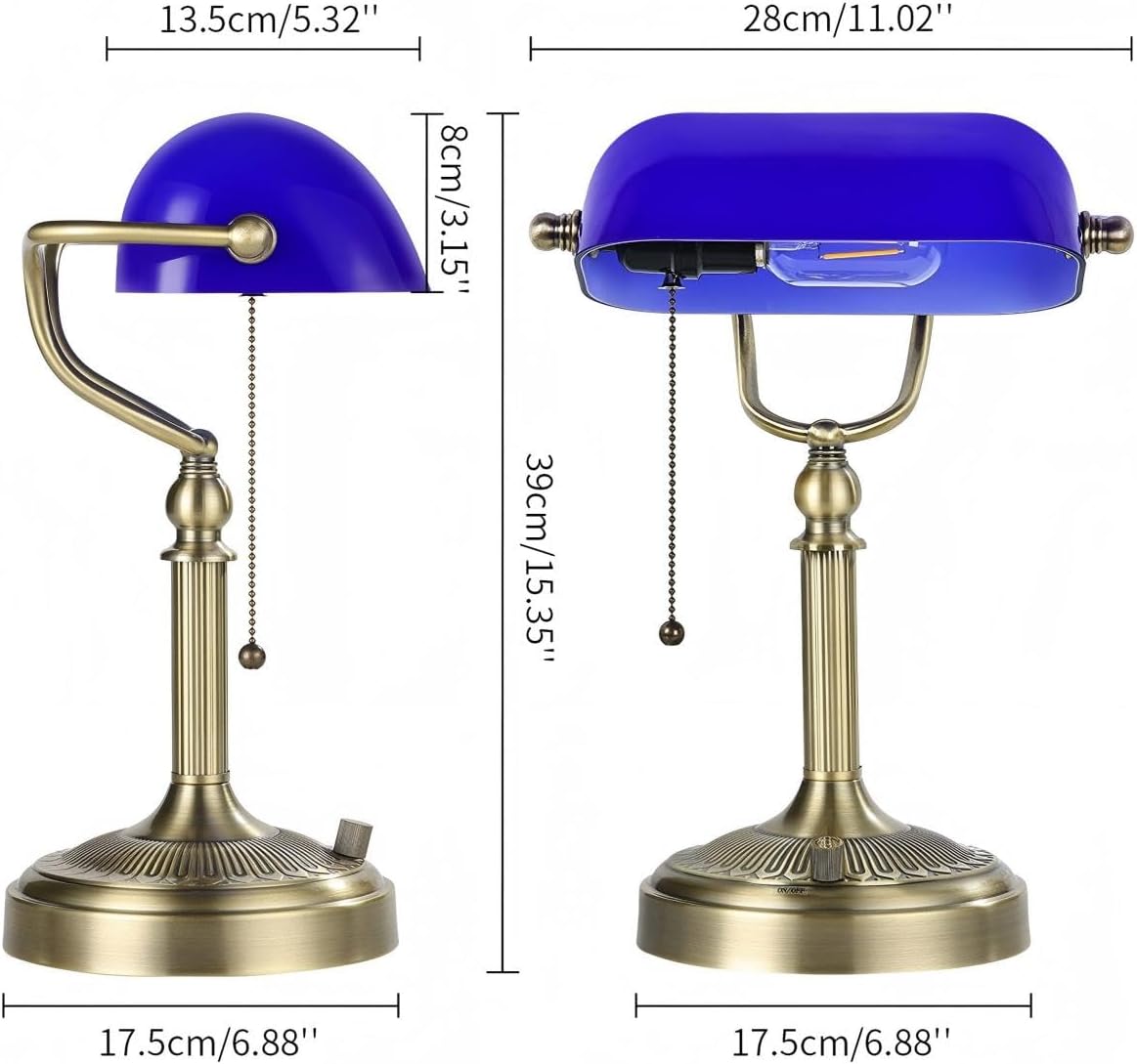 Newrays Blue Glass Bankers Desk Lamp, Stepless Dimmable Table Lamp Plug in,6W LED Bulb Included