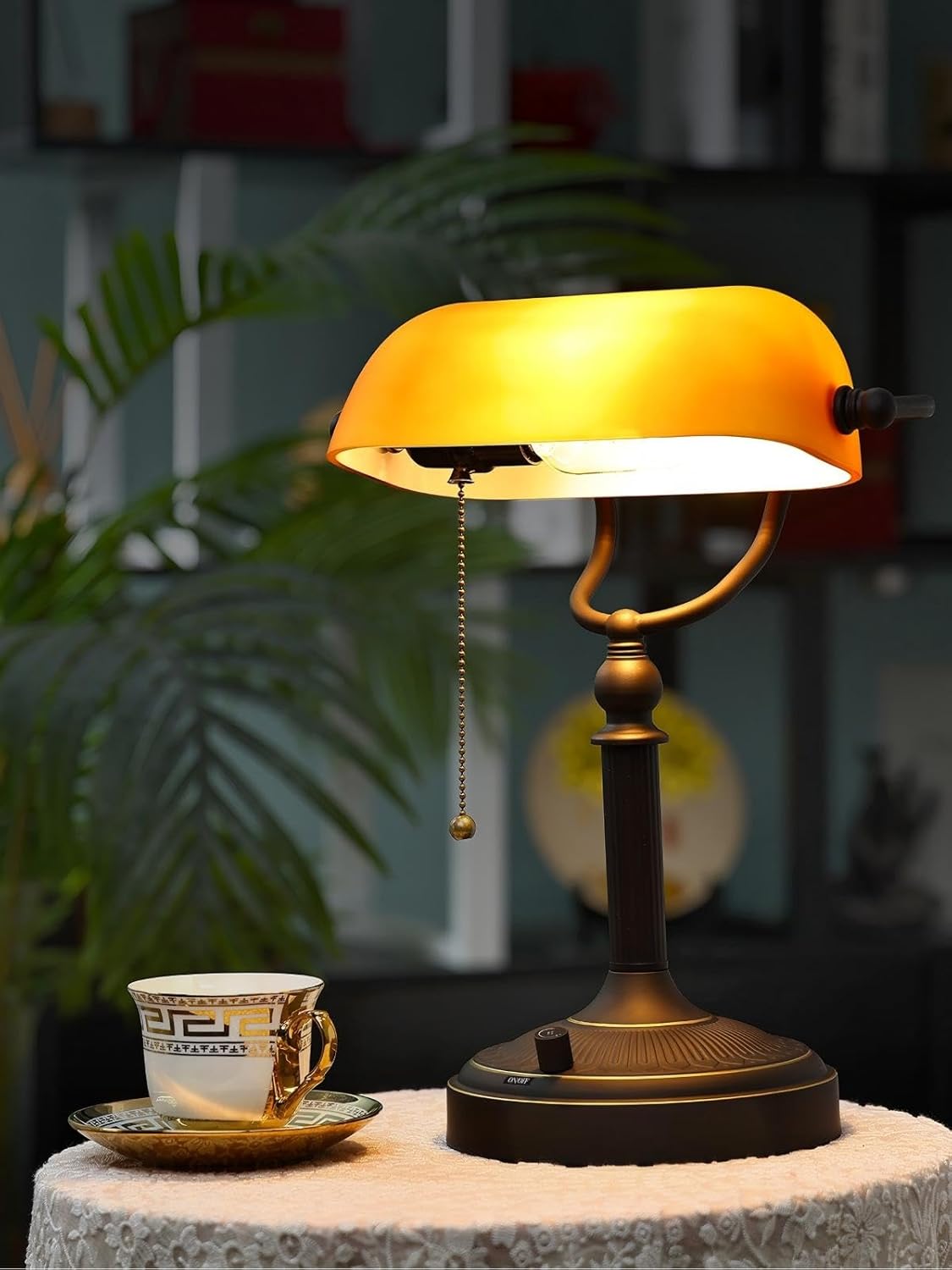 Newrays Matted Amber Glass Banker Desk Lamp, Stepless Dimmable Table Lamp,6W LED Bulb Included