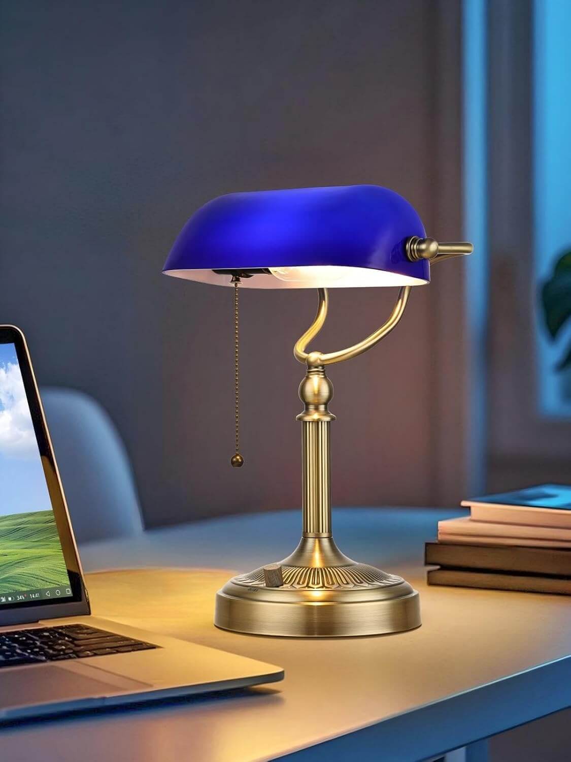 Newrays Blue Glass Desk Lamp, Stepless Dimmable Bankers Desk Lamp