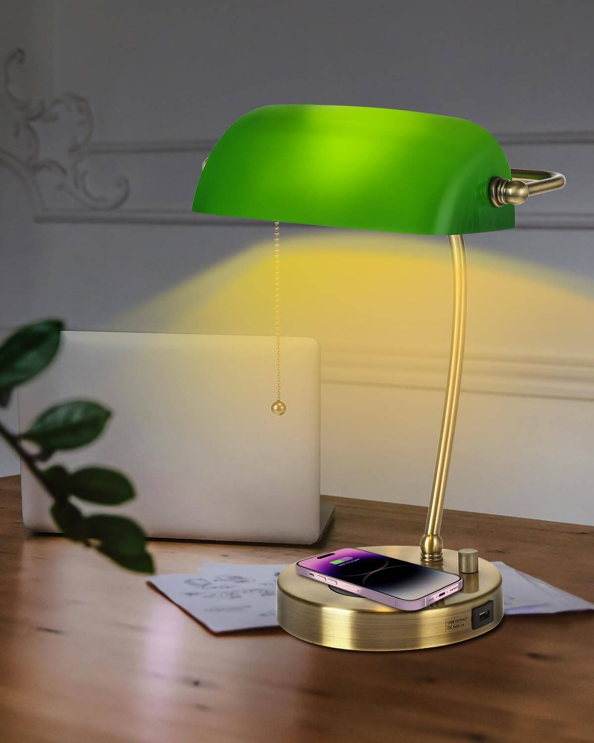 Newrays Green Glass Bankers Desk Lamp with Wireless Charger, USB Charging Port,Stepless Dimmable