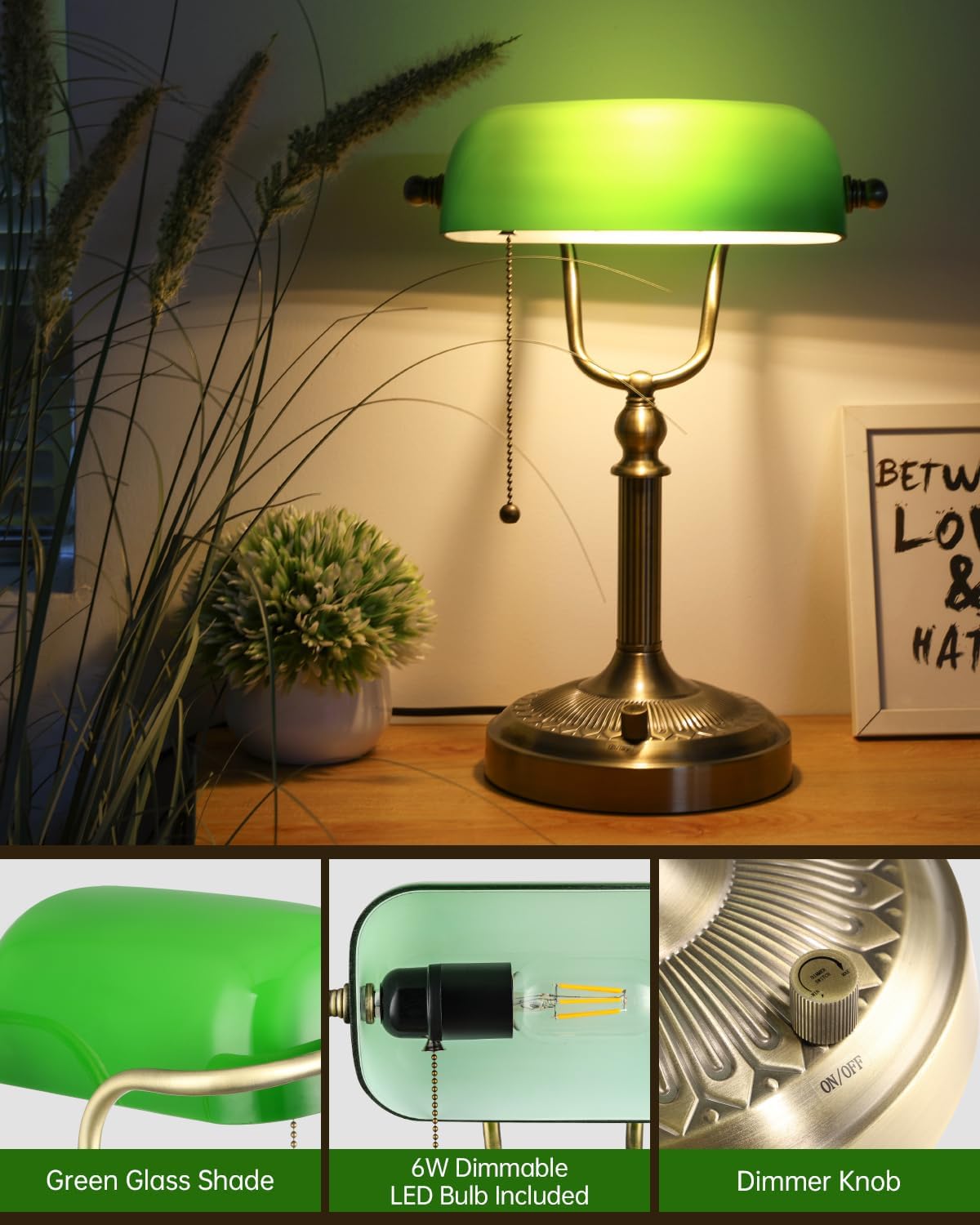 Newrays Green Glass Bankers Desk Lamp, Stepless Dimmable Table Lamp,LED Bulb Included