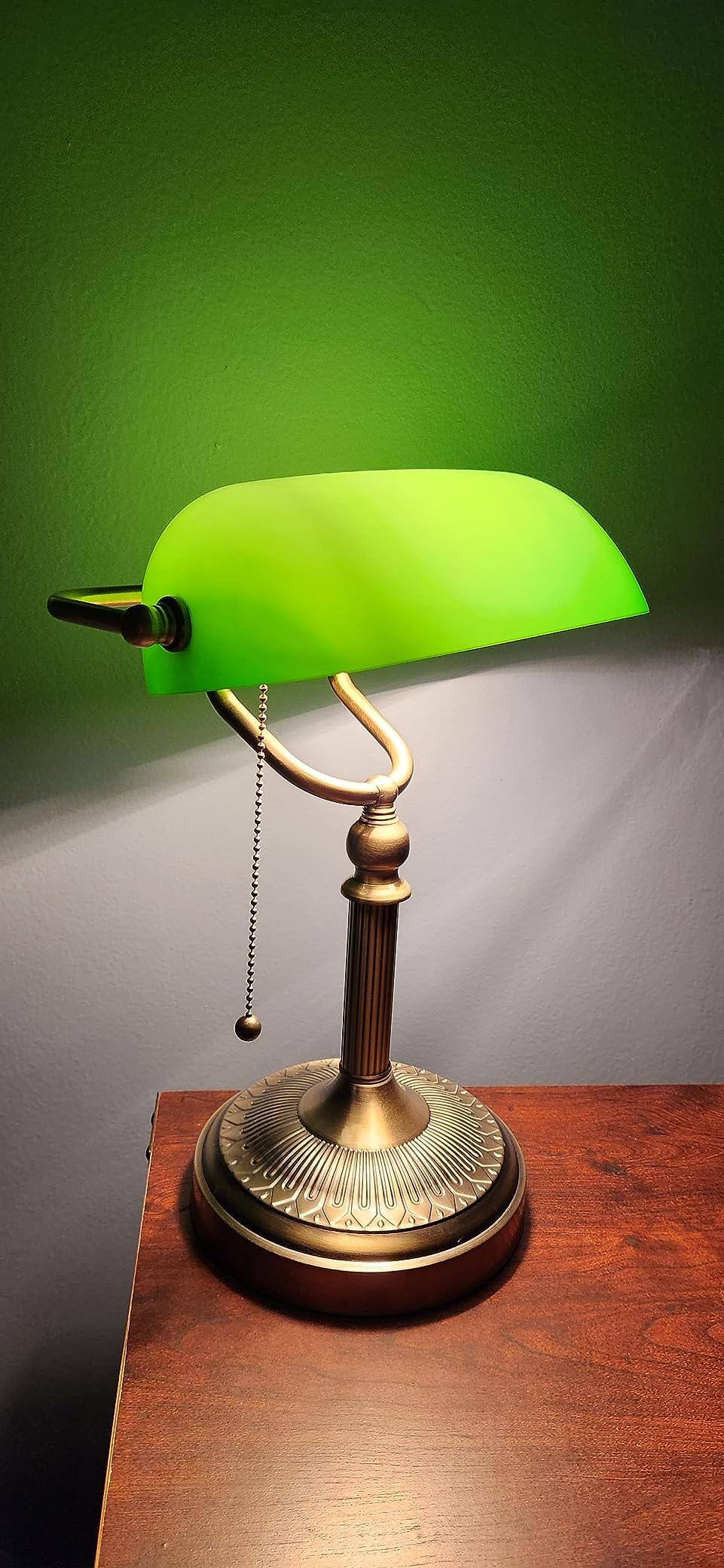 Newrays Green Glass Banker Lamp with adjustable arm and golden base, perfect for stylish lighting.
