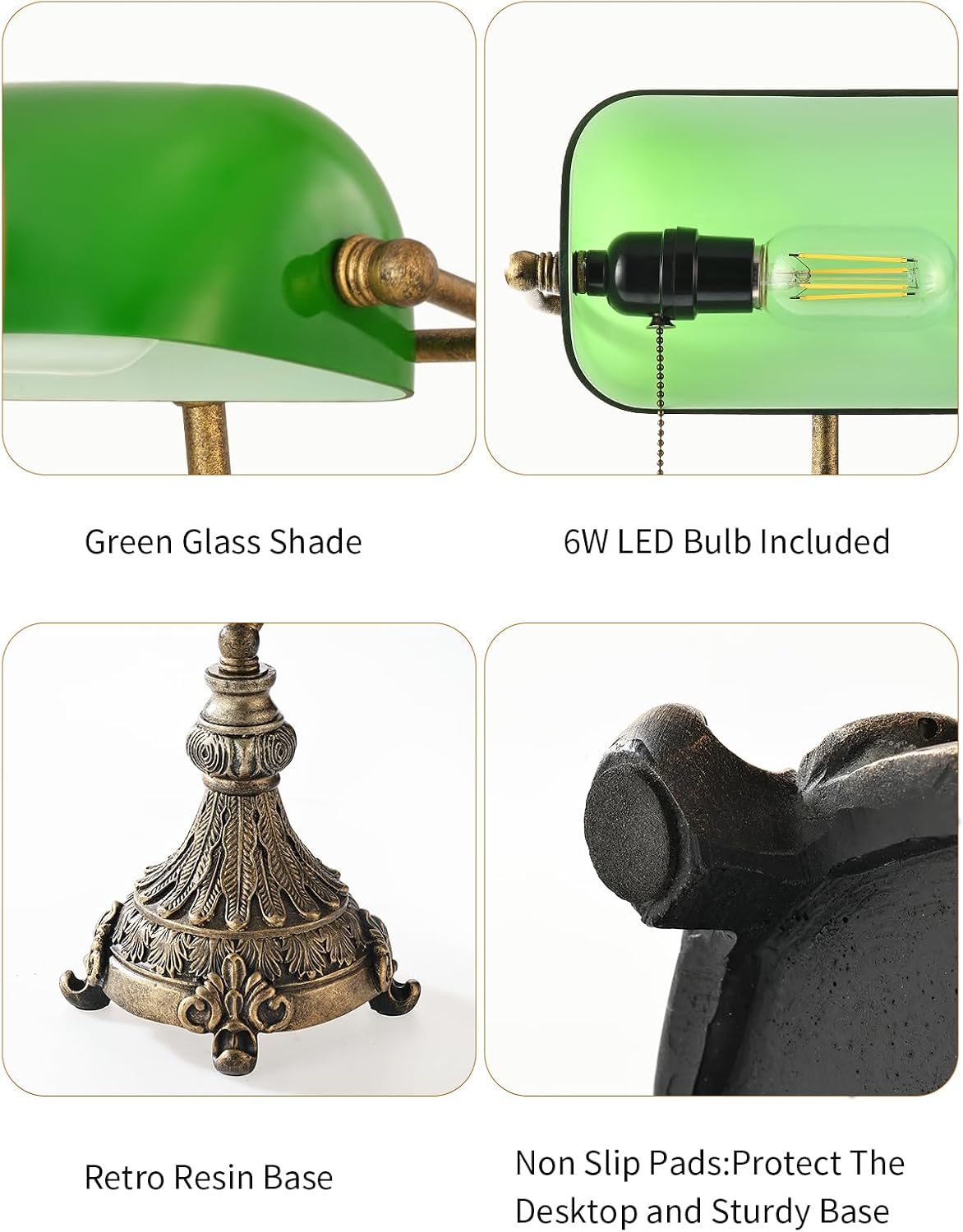 Newrays vintage green glass bankers desk lamp features a green glass shade, 6W LED bulb, retro resin base, and non-slip pads.