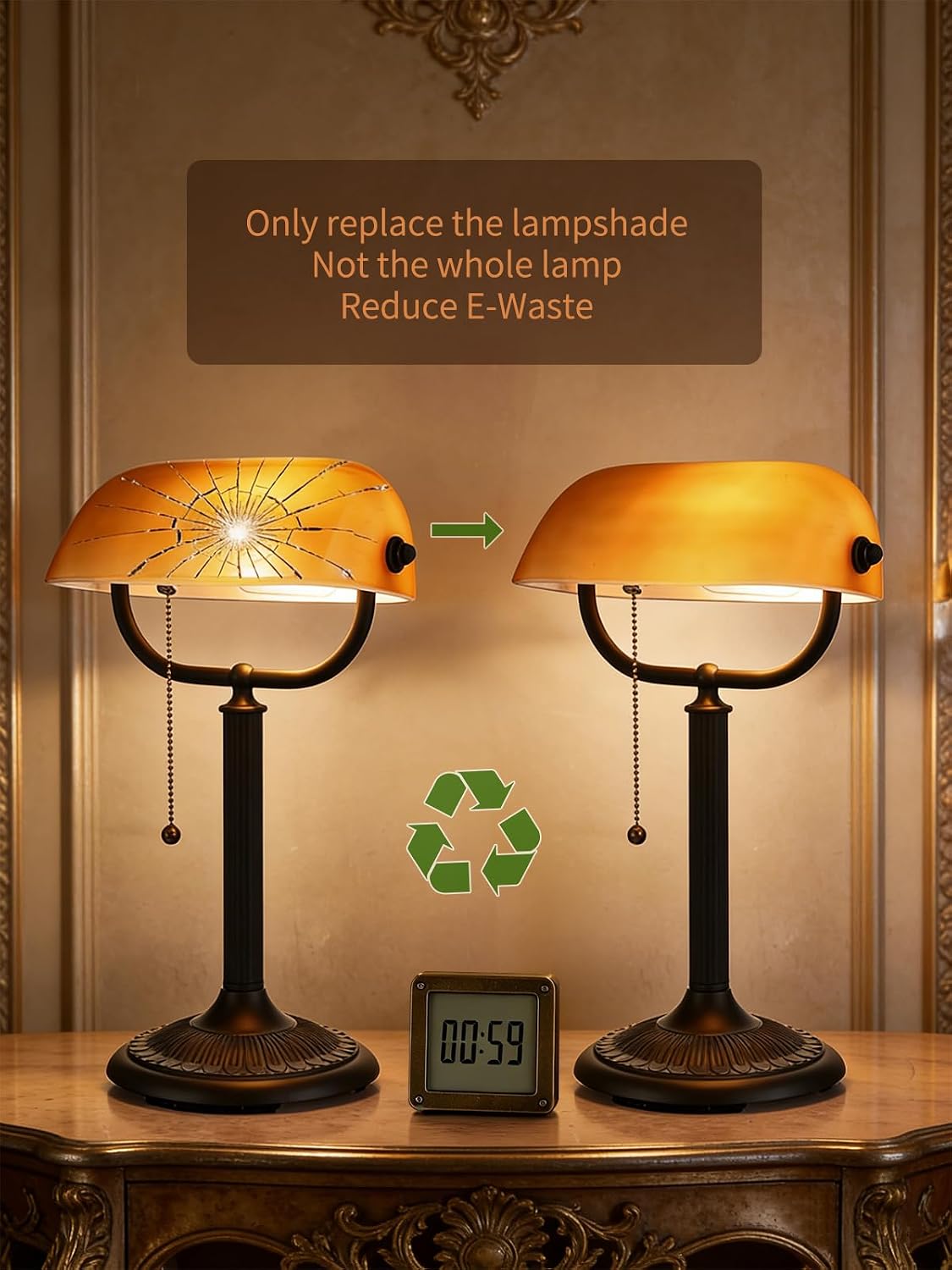 Newrays quick-change shade bankers desk lamp with matted amber glass shades for easy lamp maintenance.