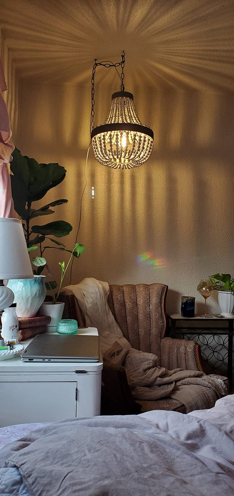 Newrays Bohemian Boho Beachy Wood Bead Pendant Light Fixtures,Plug in