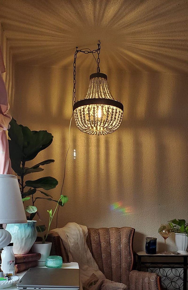 Newrays Bohemian Boho Beachy Wood Bead Pendant Light Fixtures,Plug in