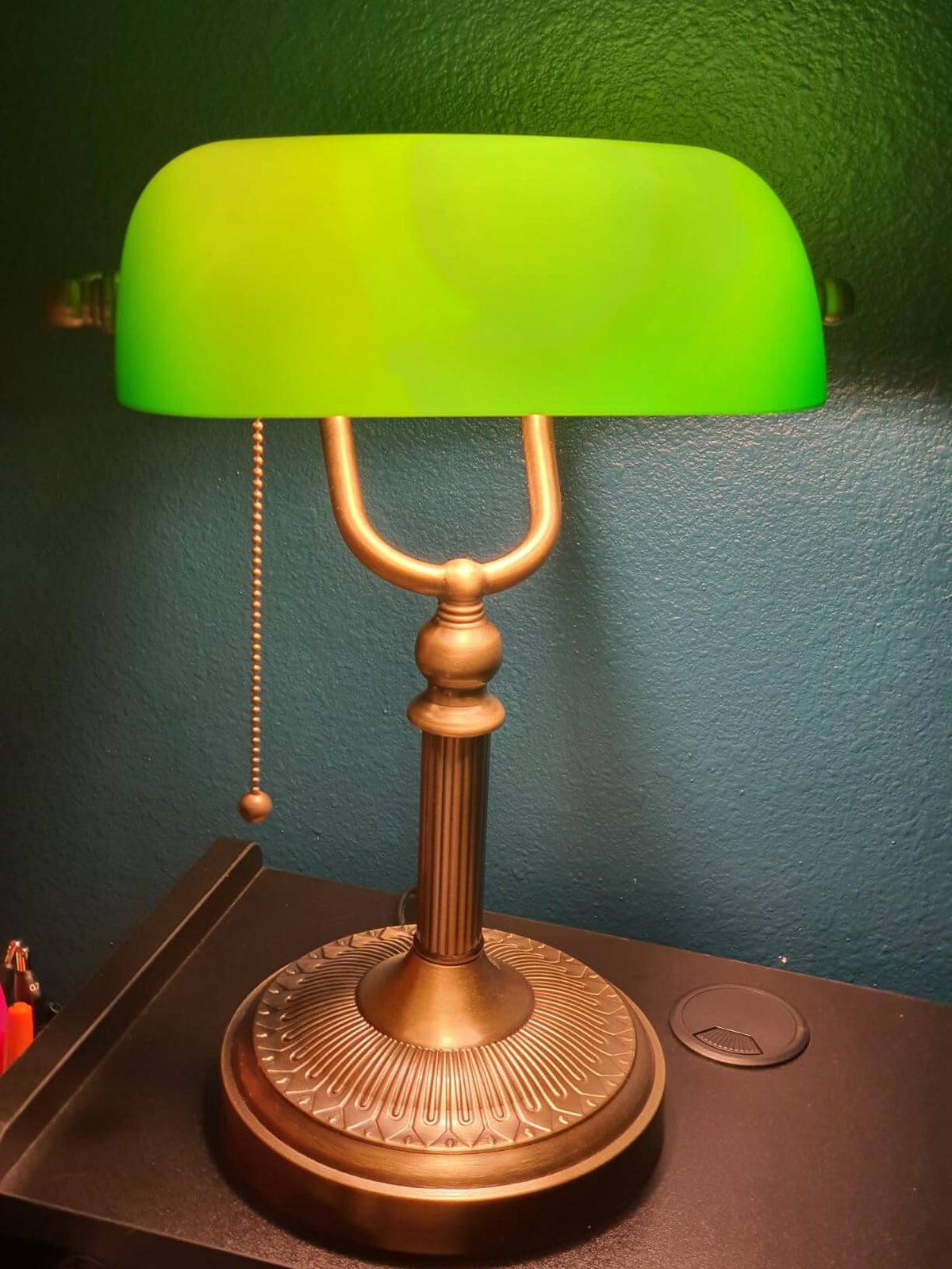 Newrays Green Glass Banker Lamp with adjustable shade and elegant base, ideal for home or office decor.
